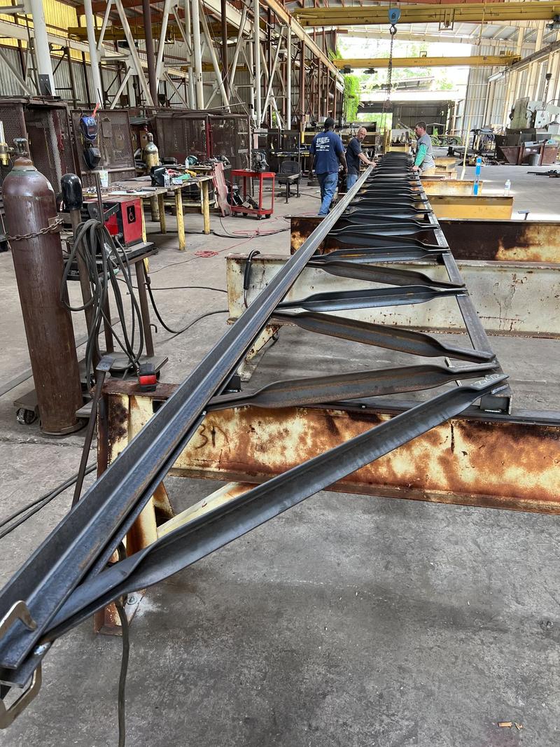 Steel truss on fabrication stands in the Griffis shop